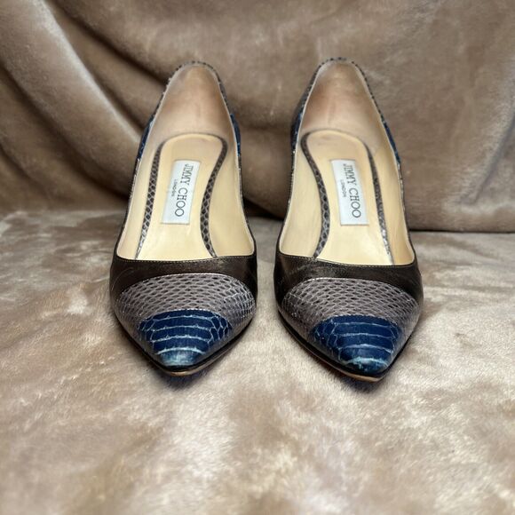 Jimmy Choo Metallic Leather Snakeskin Pumps 3.5" Heels Women's 37.5 US‎ Size 7.5 - Picture 2 of 9